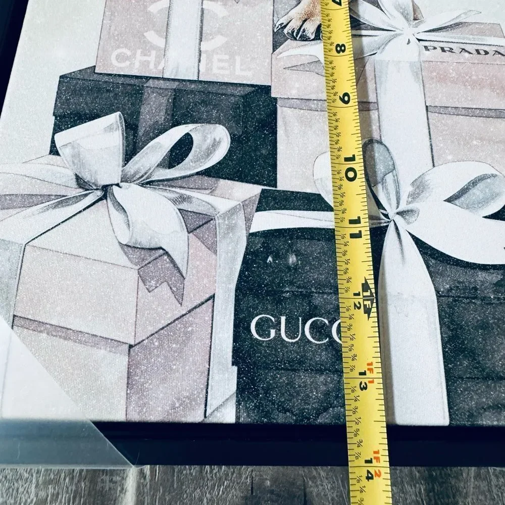 Luxury Designer Frenchie Dog Glitter Canvas Framed Wall Art Gucci Prada Chanel